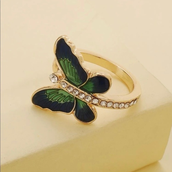 Butterfly Enamel Rhinestone Gold Ring - Picture 2 of 13